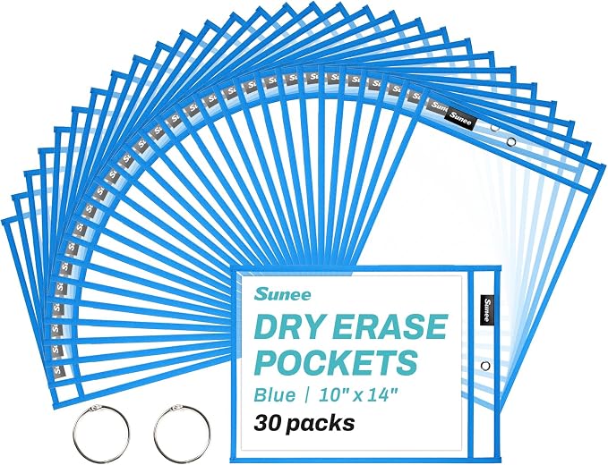 SUNEE 30 Packs Oversized Reusable Dry Erase Pocket Sleeves by SUNEE