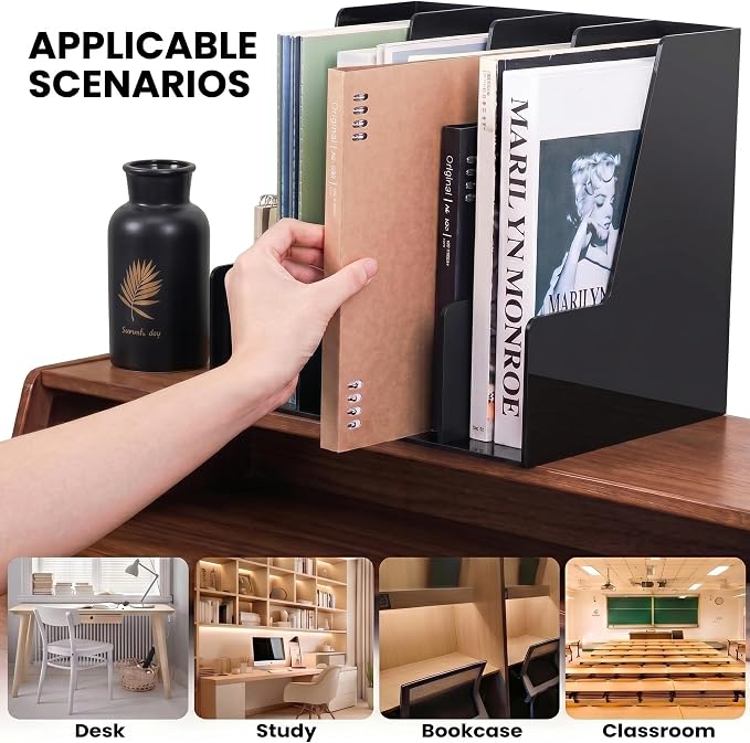 LALOBLUE 4 Pack Black Vertical Magazine File Holder Desk Organizer Bins | - Image 3