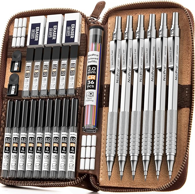Nicpro 30PCS Silver Metal Mechanical Pencils Set in Leather Case, Art Drafting by Nicpro
