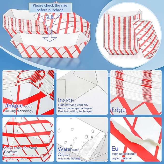 100 Pack 5LB Extra Large Paper Food Boats Trays Disposable Paper Boat Plate - Image 3