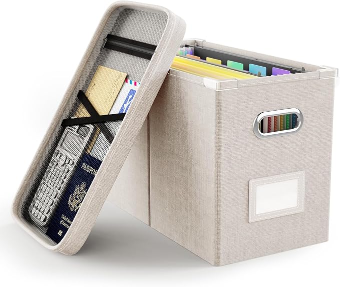 Oterri File Organizer Box with Lid, Hanging Filing File Box with Mesh Pocket by Oterri