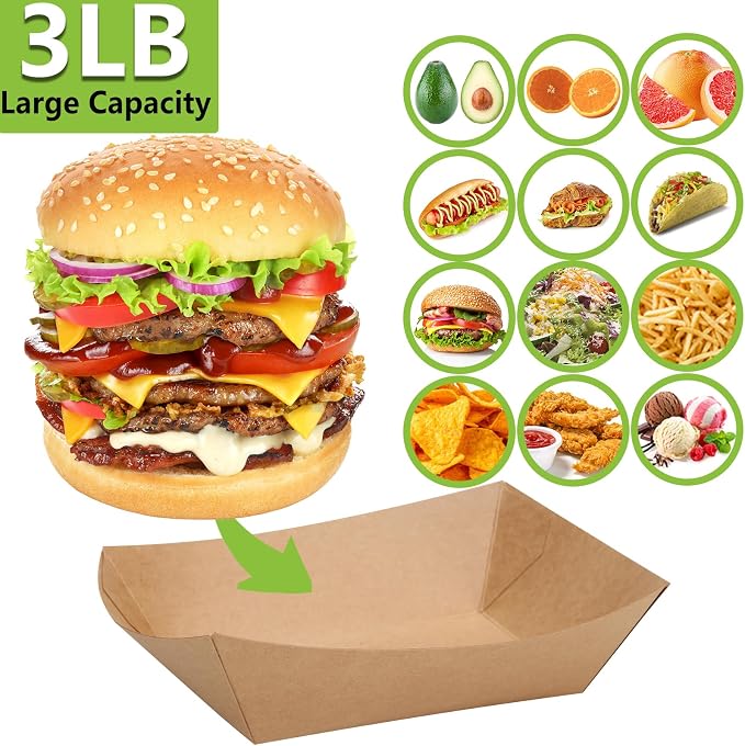 100 Pack 3lb Heavy Duty Paper Food Trays Kraft Leak Proof Paper Food Boats - Image 7