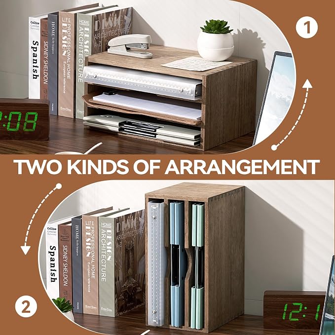 KIRIGEN Wooden Desktop Organizer, 3 Tier Solid Wood Letter Tray and Paper File - Image 4
