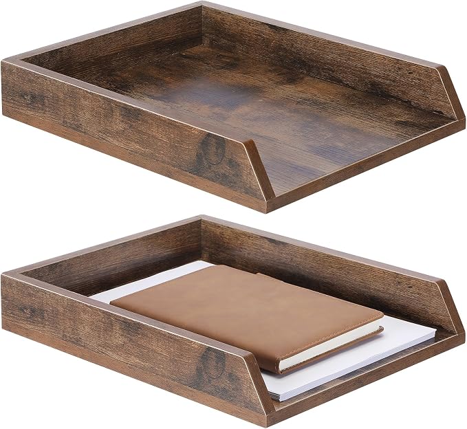 DoubleFill 2 Pcs Wooden Letter Trays 2 Tier Desktop Paper Organizer Wood by DoubleFill