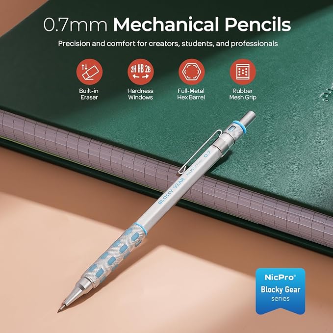 Nicpro Blocky Gear 0.7 mm Mechanical Pencil, Metal Drafting Pencil - Image 2