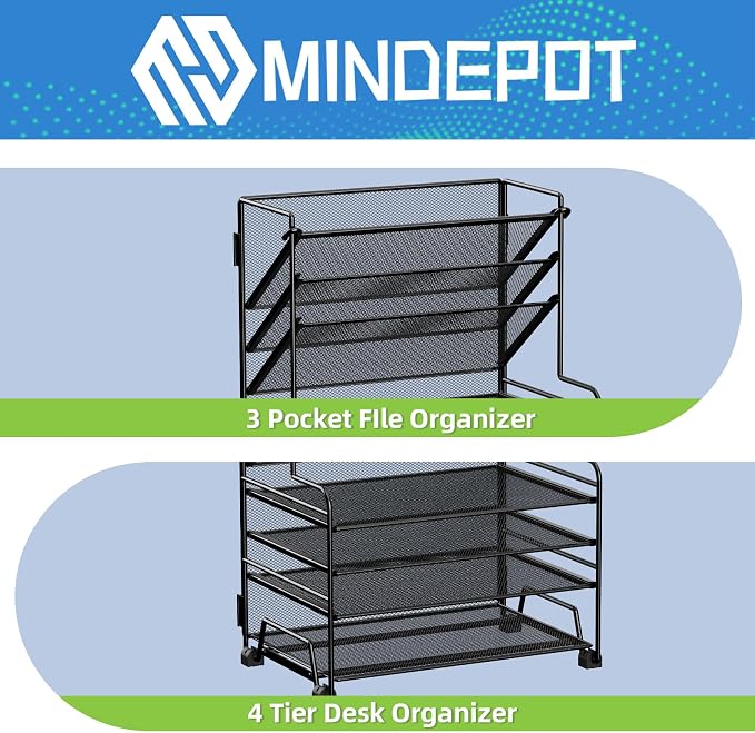 MINDEPOT 4-Tier Paper Organizer + 3-Pocket File Holder + Drawer + Pen Holders - Image 3