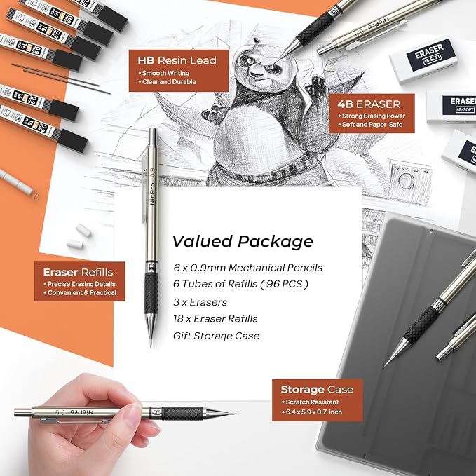 Nicpro 0.9 mm Art Mechanical Pencils Set in Case, 3 Erasers - Image 4