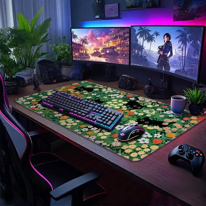 Cute Flower Cat Large Gaming Mouse Pad 31.5"x15.7", Flower XXL Desk Mat - Image 3