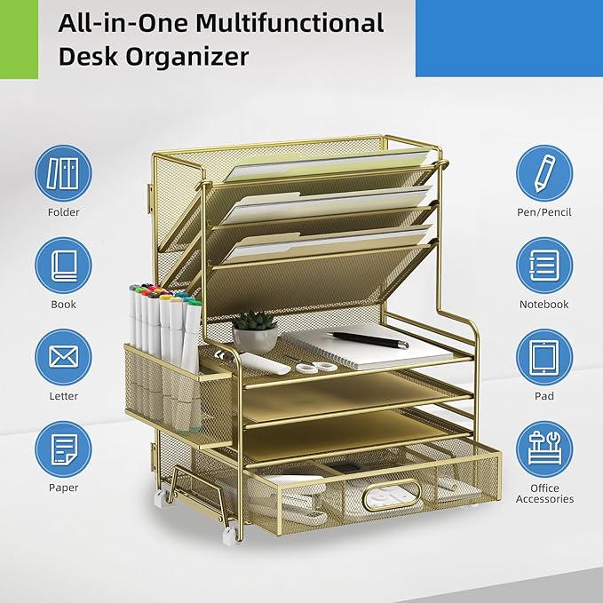 MINDEPOT 4-Tier Paper Organizer + 3-Pocket File Holder + Drawer + Pen Holders - Image 4