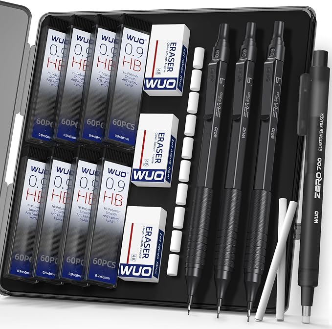 WUO 0.9mm Mechanical Pencil Set, 3 Black Metal Drafting Pencils by WUO