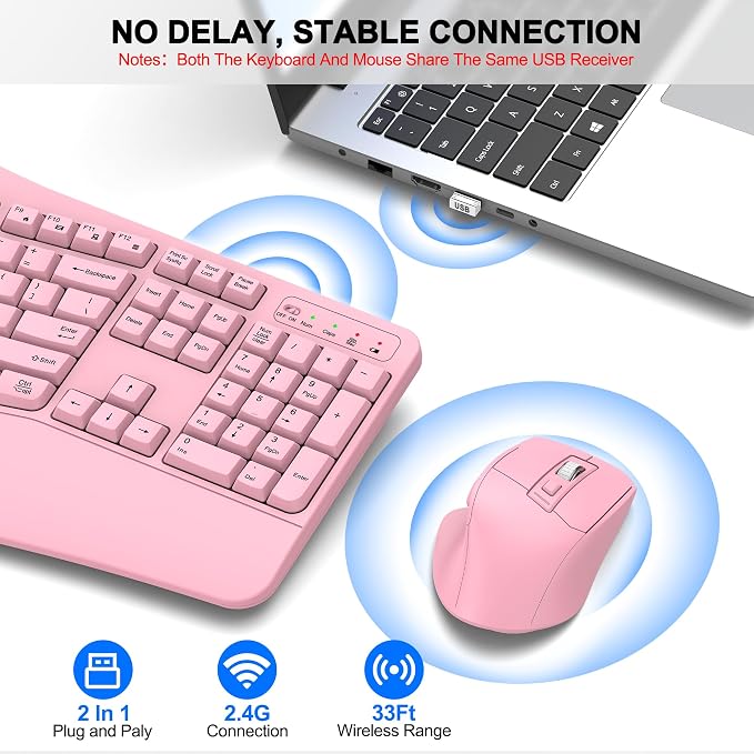 Wireless Keyboard and Mouse Combo, 2.4G Full Size Wave Keys Ergonomic Keyboard - Image 5