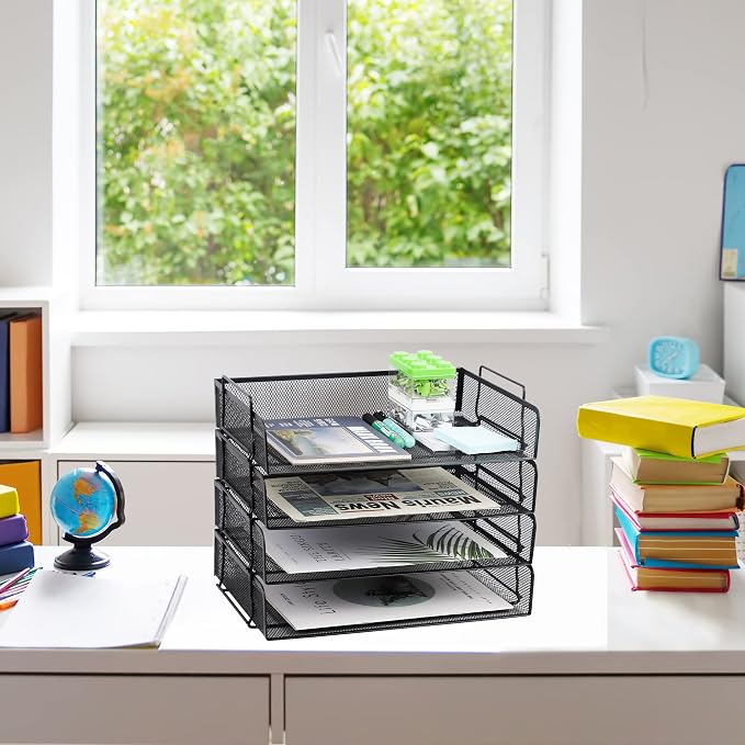 EASEPRES 4 Pack Stackable Desk Paper Tray, Metal Mesh Desktop Document Letter - Image 2