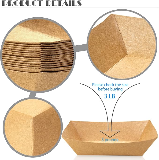 100 Pack 3lb Kraft Paper Food Trays, Heavy-Duty Paper Food Boat Disposable - Image 3