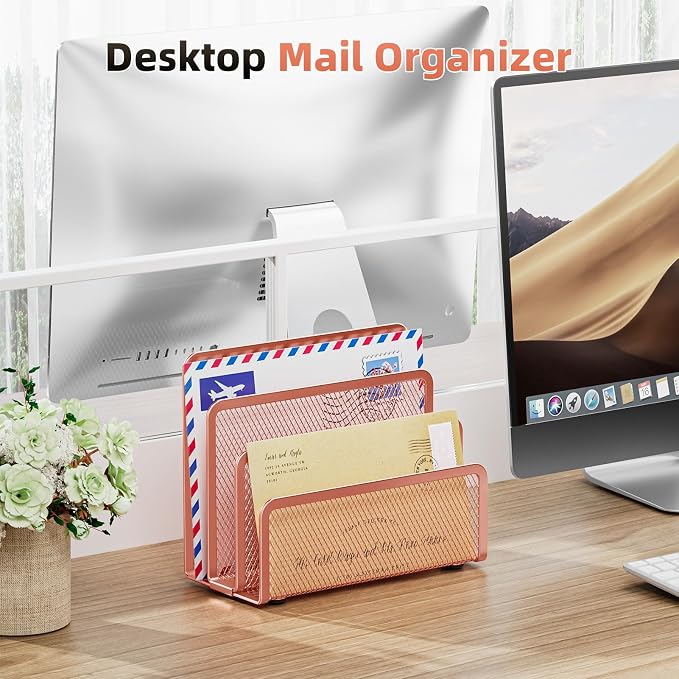 Marbrasse Mail Organizer for Desk, 3-Slot Mesh Metal Mail Holder countertop - Image 4