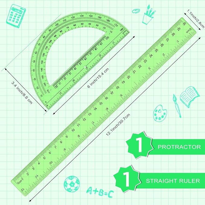 Zonon 2 Pcs 12 Inch Clear Ruler and 6 Inch Plastic Protractor Set, Dual Scale - Image 2