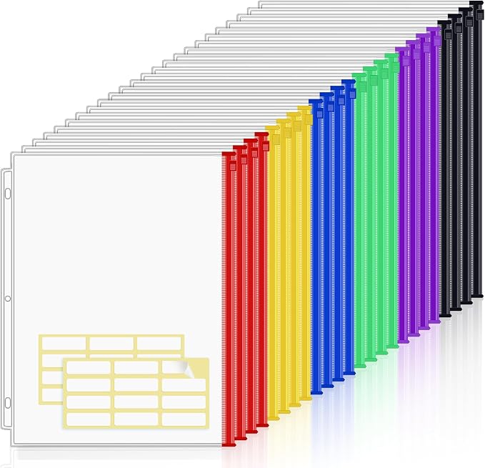 KTRIO 24 Pack Binder Pockets, 8.5 x 11 Colored Zipper Pouches by KTRIO