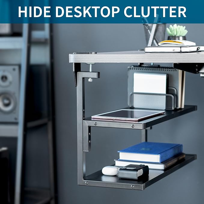 VIVO Black Clamp-on 24 inch 2-Tier Desk Shelf, STAND-SHELF24C | Above or Below - Image 6