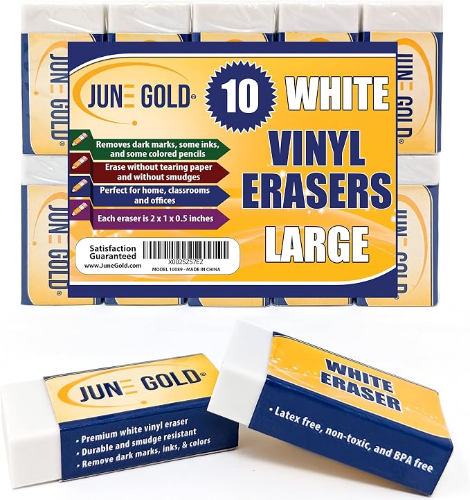 June Gold 10 Large White Vinyl Erasers by JuneGold