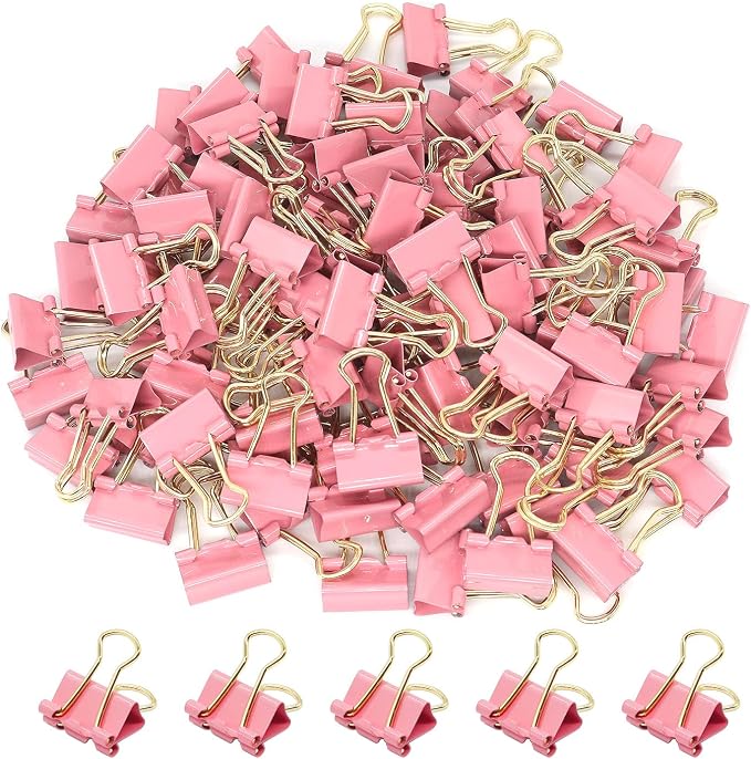 Pink Binder Clips, Small Paper Clamps 15mm, 100 Pack Micro Size Office Clips by YCVIORING