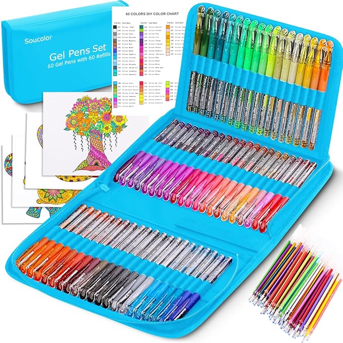 Soucolor Glitter Gel Pens for Adult Coloring Books, 120 Pack-60 Glitter Pens by Soucolor