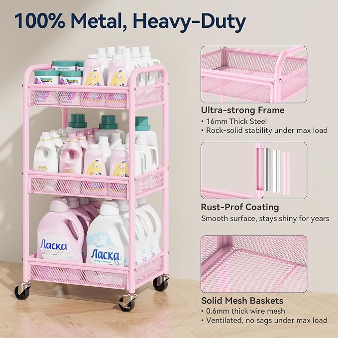 YASONIC 3 Tier Rolling Cart – Metal Utility Storage Cart - Image 2