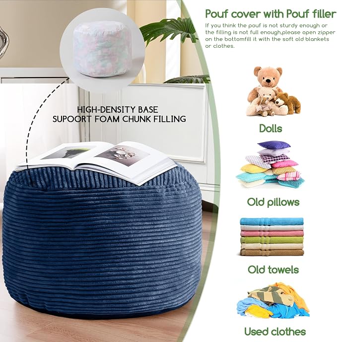 HIGOGOGO Round Stuffed Pouf Ottoman, Corduroy Poufs - Image 5