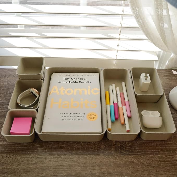 Welaxy Minimalist Felt Desk Drawer Organizer Tray 8pc Stone Storage Bins - Image 2