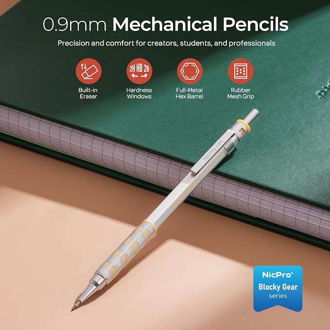 Nicpro Blocky Gear 0.9 mm Mechanical Pencils Set in Case, Metal Pencil - Image 2