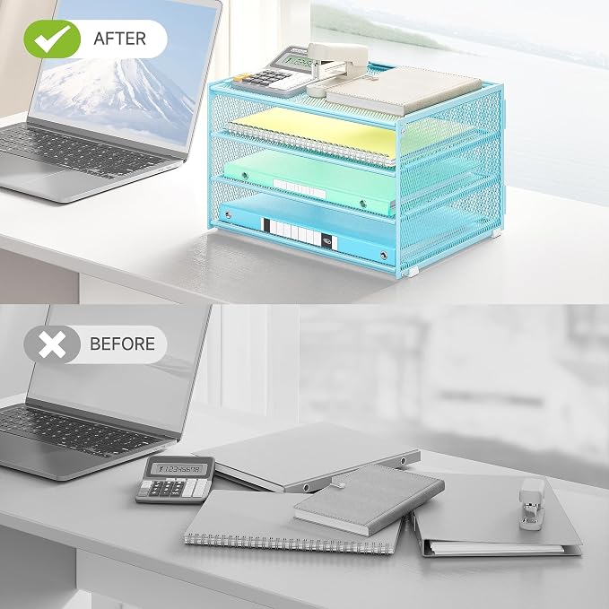 Lavatino 3-Tier Letter Tray Desk Paper Organizer – Blue Mesh Metal File Tray - Image 2