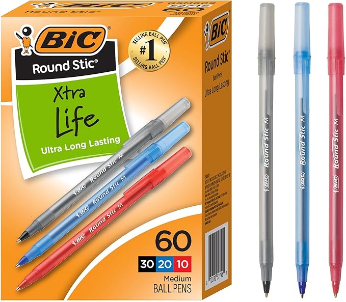 BIC Round Stic Xtra Life Assorted Ink Ballpoint Pen's, Medium Point, 60-Count by BIC