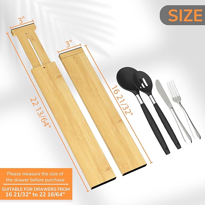 BAMEOS Bamboo Expandable Drawer Dividers – Fits 16.65"–22" Drawers - Image 2