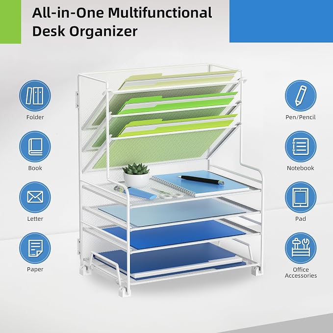 MINDEPOT 4-Tier Paper Organizer + 3-Pocket File Holder + Drawer + Pen Holders - Image 4