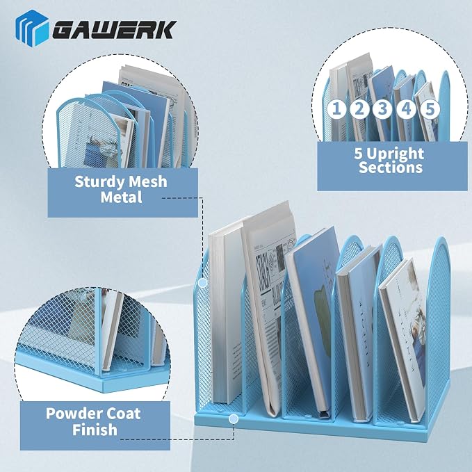 Gawerk 5-Section Vertical Desktop Organizer, 5-Section Mesh File Folder Stand - Image 3