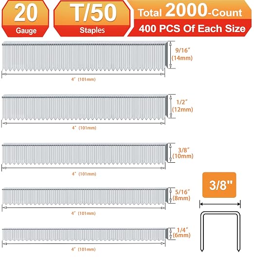 20 Gauge T/50 Staples, 1/4"+5/16"+3/8"+1/2"+9/16":2000pcs | Galvanized Nails - Image 2