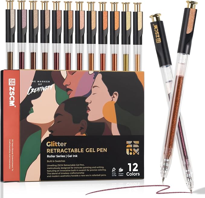 Retractable Glitter Gel Pens, 12 Colors Large Capacity Skin Tone Glitter by ZSCM