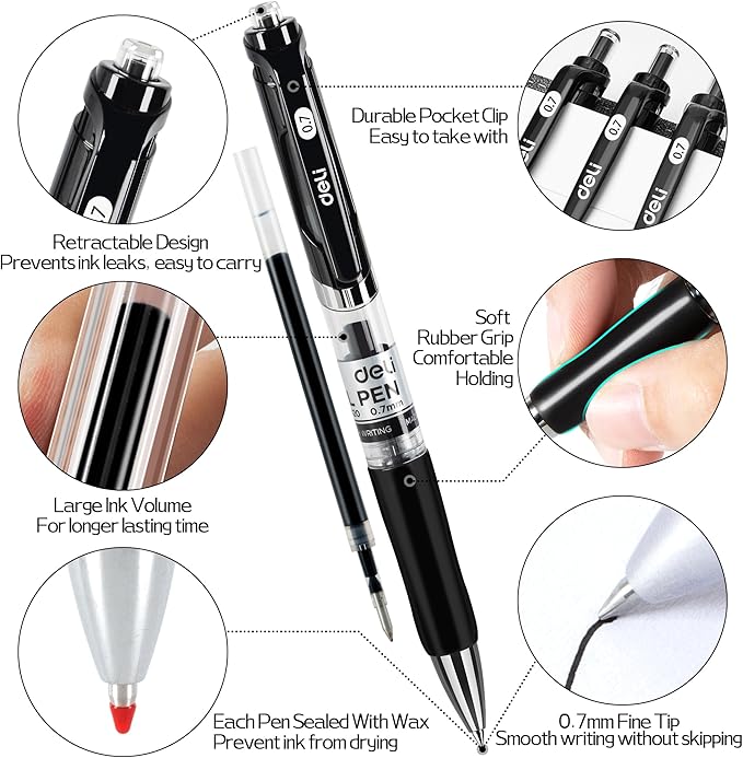 deli Gel Pens, 12 Pens with 24 Refills，Medium Point Pen 0.7mm, Smooth Writing - Image 3