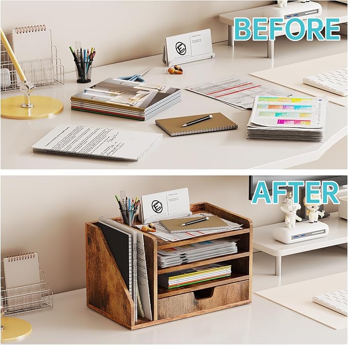 Wood Desk File Organizer with Side File Rack, Space-Efficient Design Easy to - Image 3