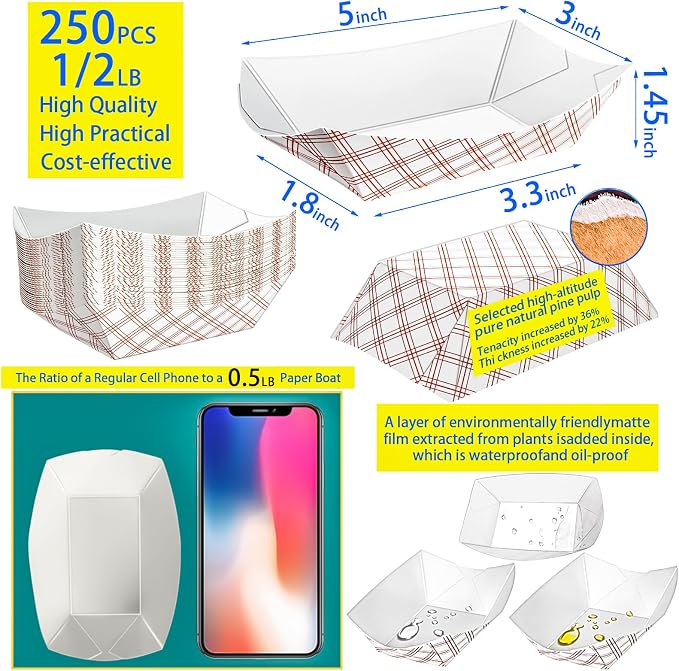 250 Pack Checkered 1/2Lb Paper Food Boat Trays Disposable Small Paper Boats - Image 2