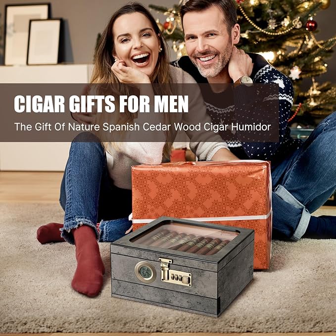 Tesonway Cigar Humidor, Cedar Wood Humidor Cigar Box, Glass Top Desktop Humidor - Image 9