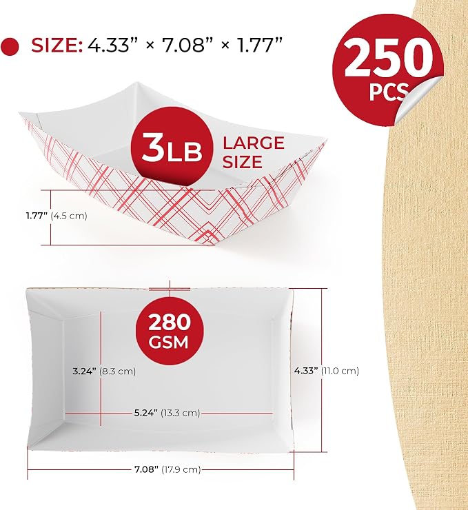 SPARGOS Disposable Food Trays 3lb – Heavy Duty Red Paper Boats - Image 2