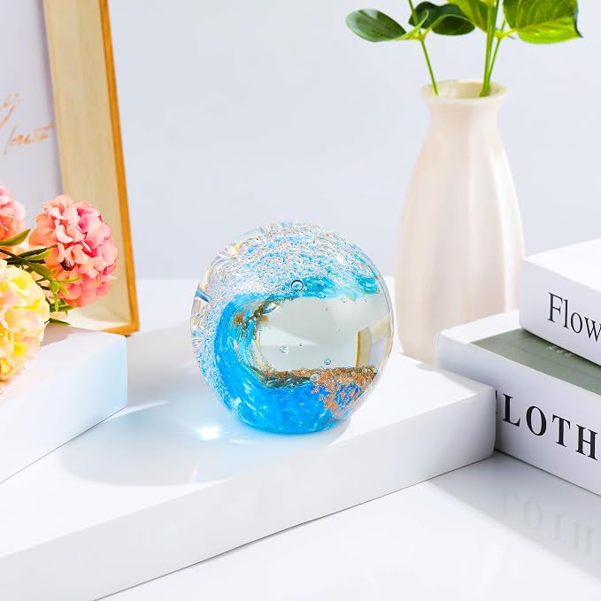 Qianwei Ocean Waves Hand Blown Glass Decor Crystal Ball Sea Figurines Gifts | - Image 4