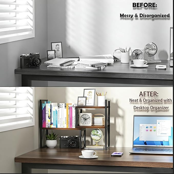 Expandable Desktop Shelf Organizer, 2 Tier Wood Desk Shelf - Image 4