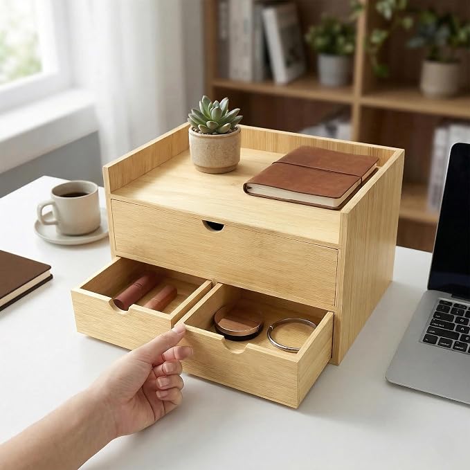 Bamboo Desk Organizer with 3 Drawers and Shelf, Desktop Drawers Wooden Storage - Image 2