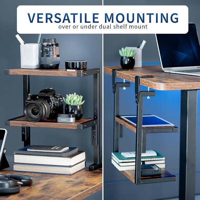 VIVO Vintage Brown Clamp-on 13 inch 2-Tier Desk Shelf, STAND-SHELF2C-N | Above - Image 4