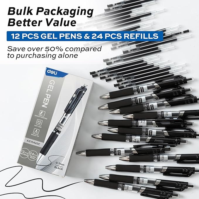 deli Gel Pens, 12 Pens with 24 Refills，Medium Point Pen 0.7mm, Smooth Writing - Image 2