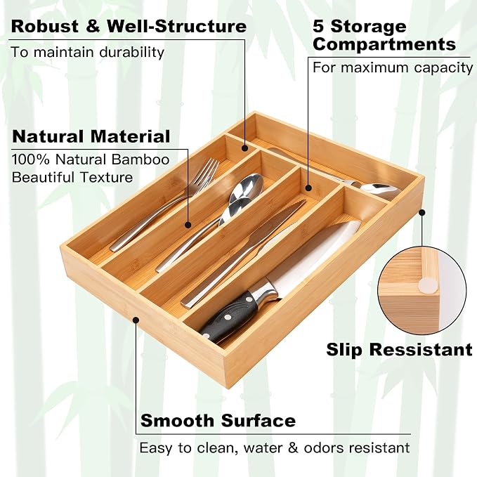 Besilord Silverware Organizer Kitchen Drawer Organizer Utensil Organizer Bamboo - Image 3