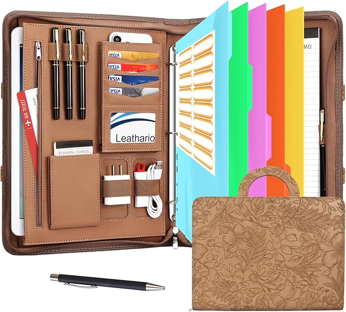 Leathario Portfolio Binder, Includes 5 Folder Index Dividers, 13 Inch Tablets by Leathario