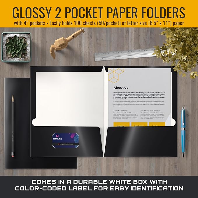 Better Office Products 2 Pocket Glossy Laminated Black Paper Folders, Letter - Image 4