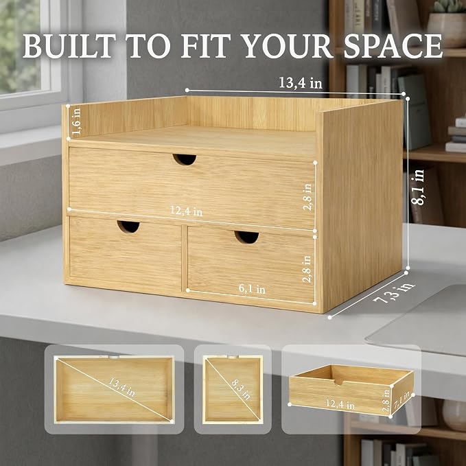 Bamboo Desk Organizer with 3 Drawers and Shelf, Desktop Drawers Wooden Storage - Image 3