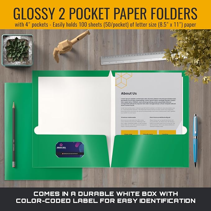 Better Office Products 2 Pocket Glossy Laminated Green Paper Folders, Letter - Image 4